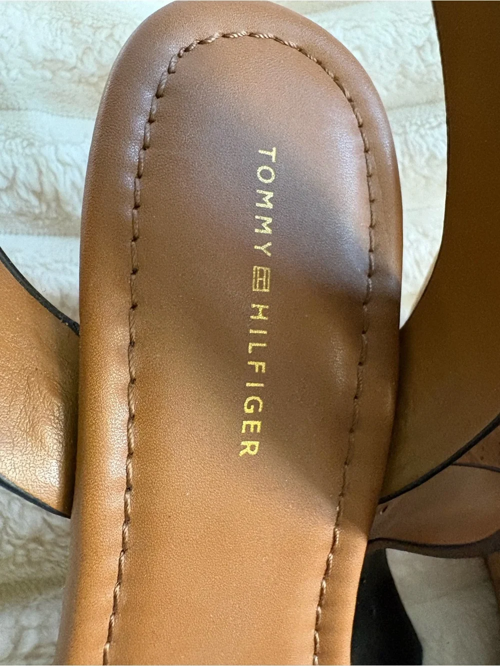 Tommy Hilfiger Black Leather Wedge Sandals with Tan Footbed